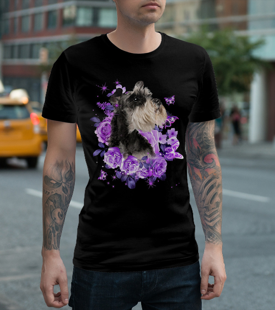 Schnauzer Surrounded by Purple Roses and Butterflies T-Shirt