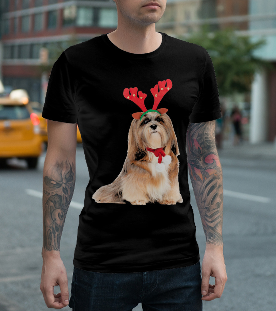 Lhasa Apso Reindeer Antlers Christmas Dog T-Shirt