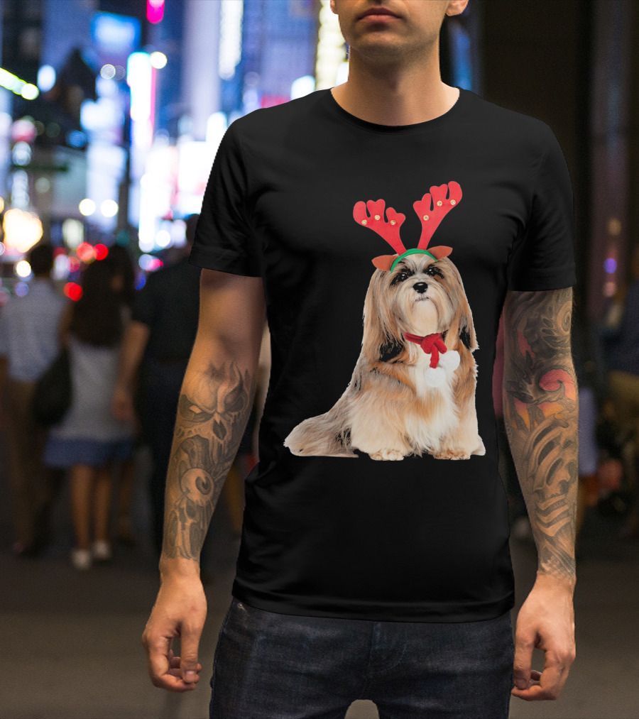 Lhasa Apso Reindeer Antlers Christmas Dog T-Shirt