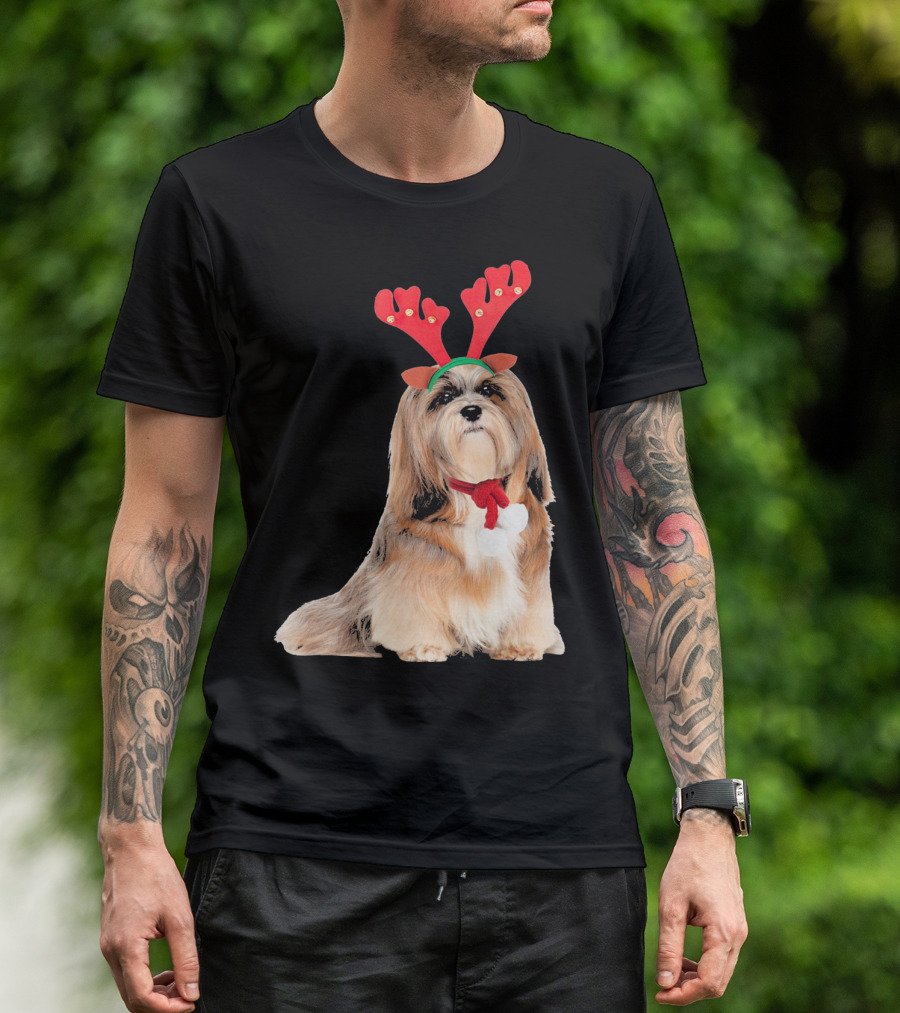 Lhasa Apso Reindeer Antlers Christmas Dog T-Shirt