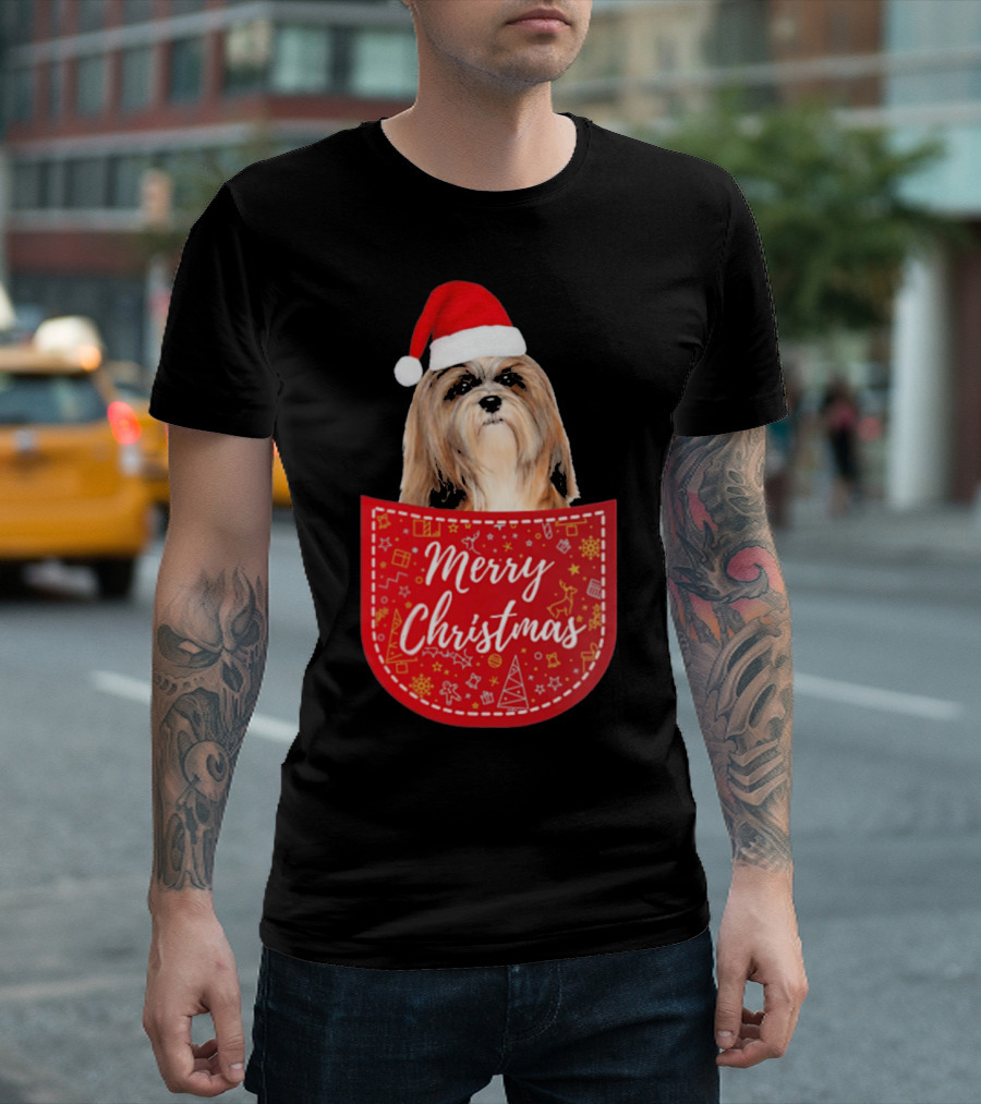 Merry Christmas Lhasa Apso Dog In Santa Hat Pocket T-Shirt