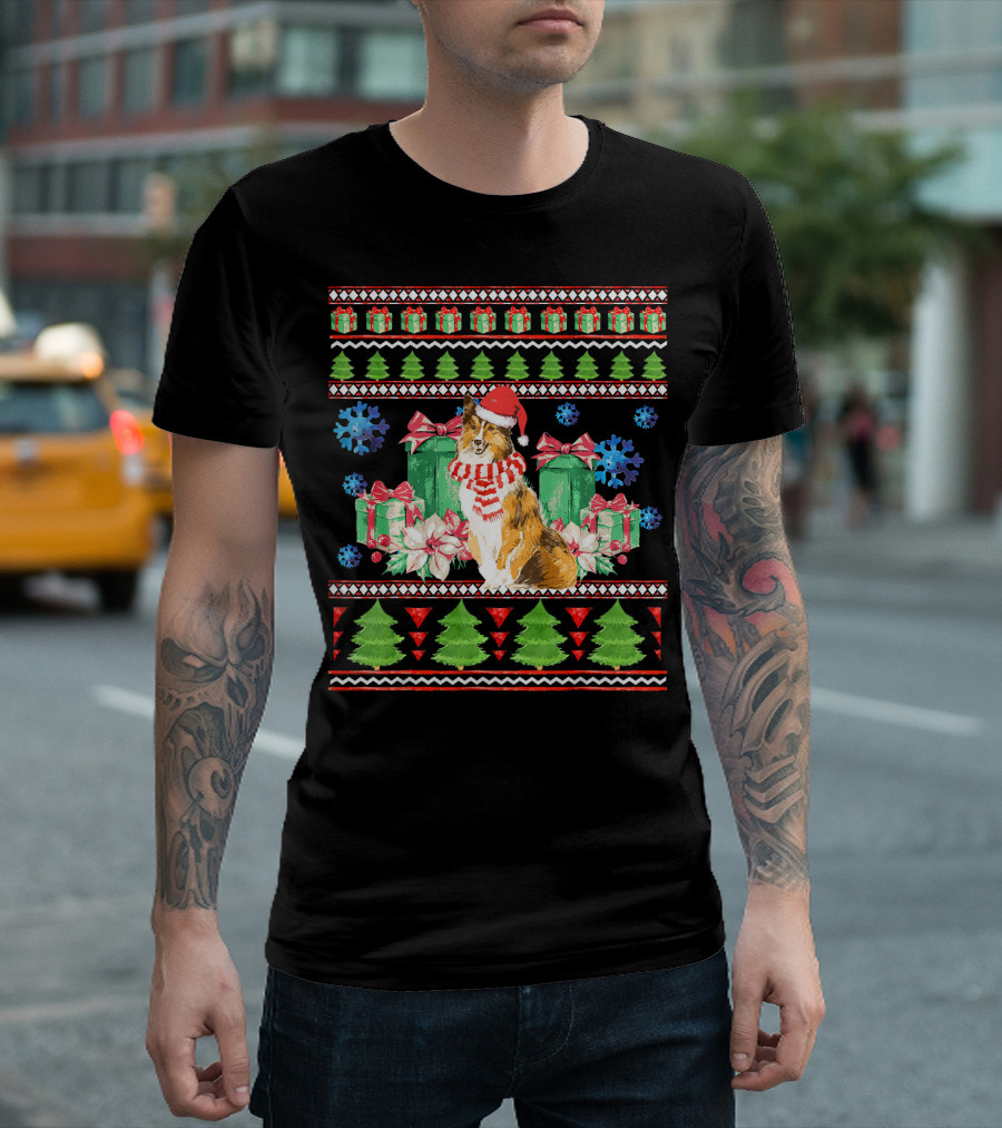 Funny Shetland Sheepdog Christmas with Santa Hat and Presents T-Shirt