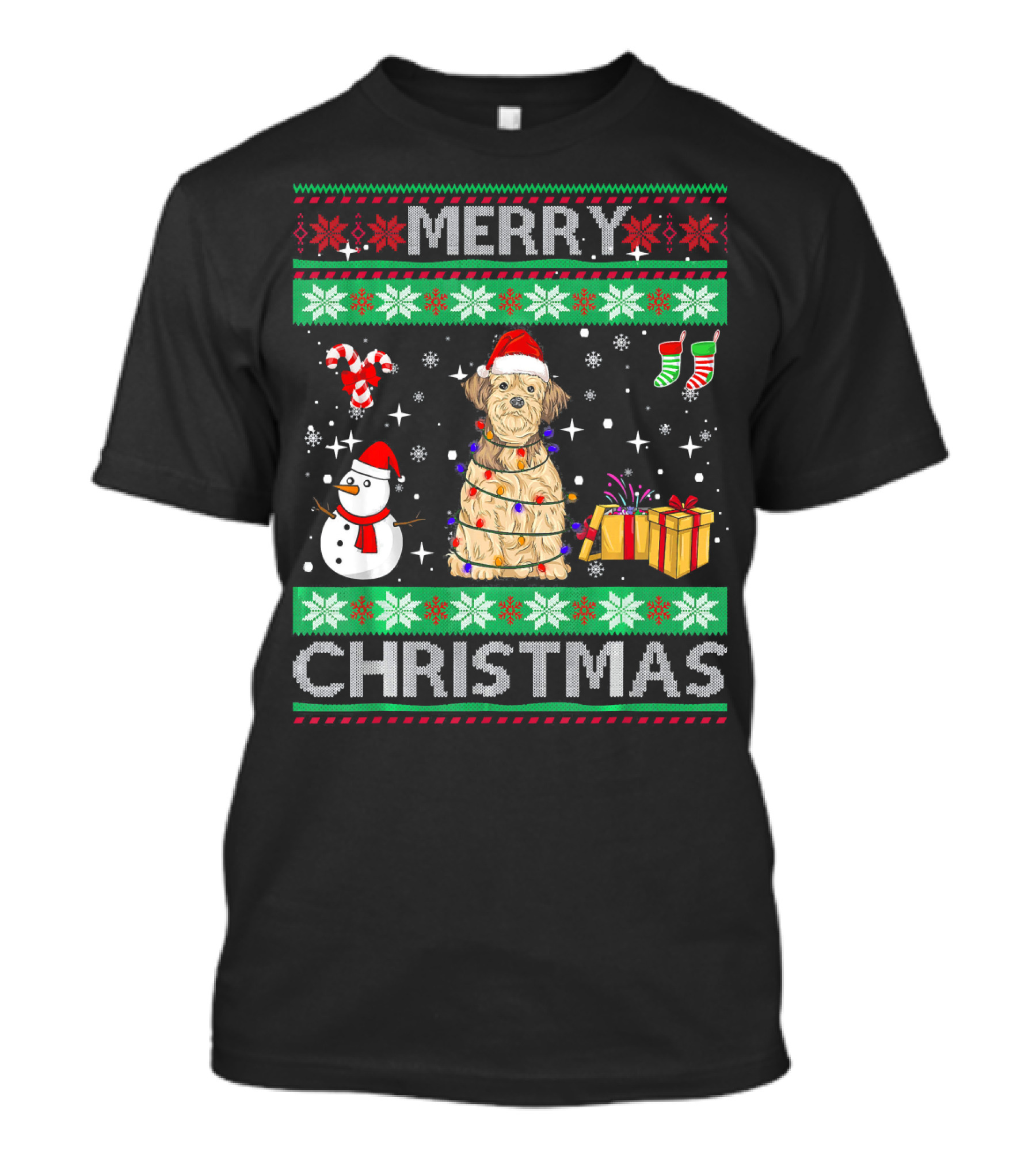 Merry Christmas Lhasa Apso Dog Owner Ugly Christmas Sweater With Santa Hat And Holiday Decorations T-Shirt