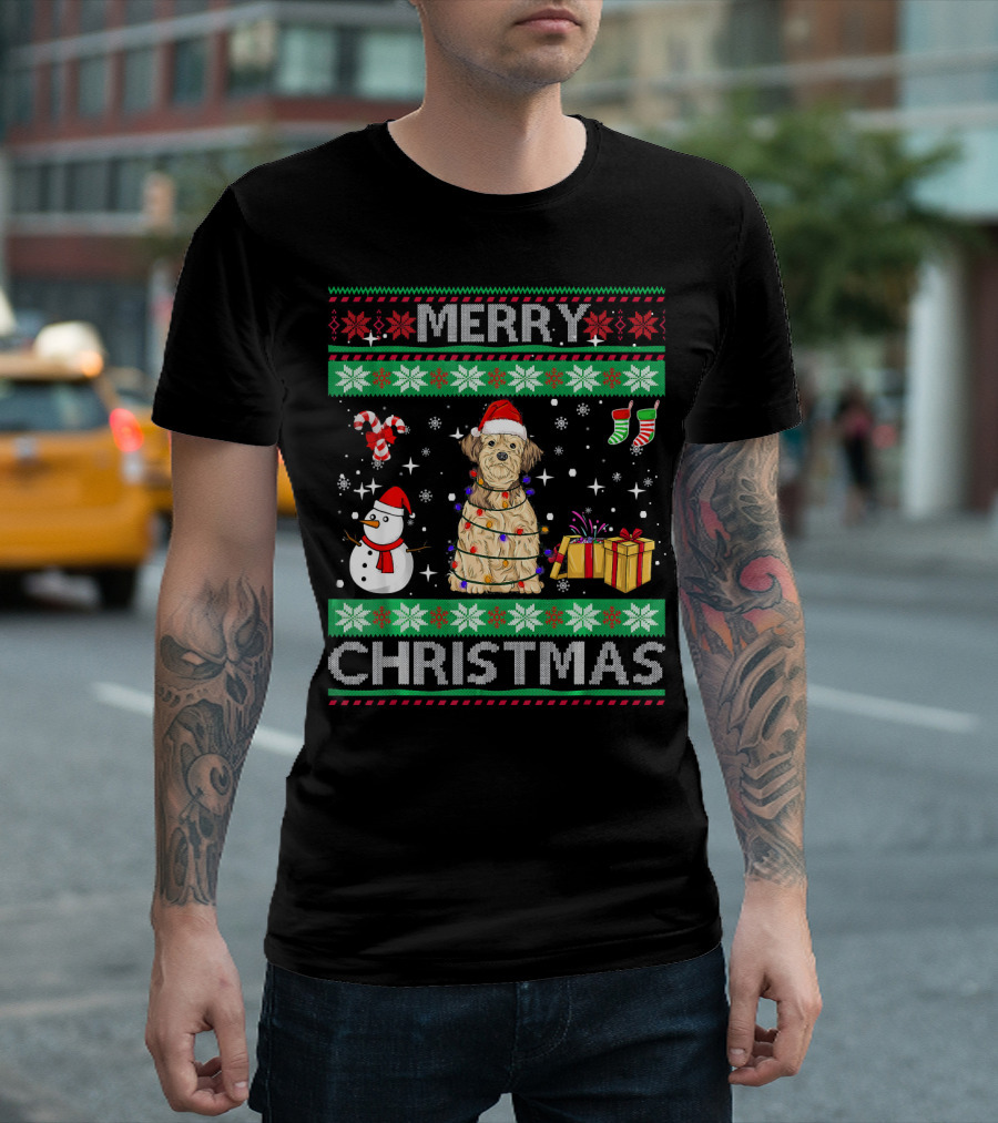 Merry Christmas Lhasa Apso Dog Owner Ugly Christmas Sweater With Santa Hat And Holiday Decorations T-Shirt