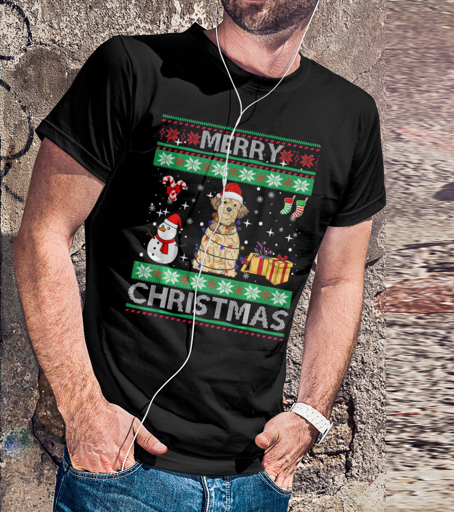 Merry Christmas Lhasa Apso Dog Owner Ugly Christmas Sweater With Santa Hat And Holiday Decorations T-Shirt