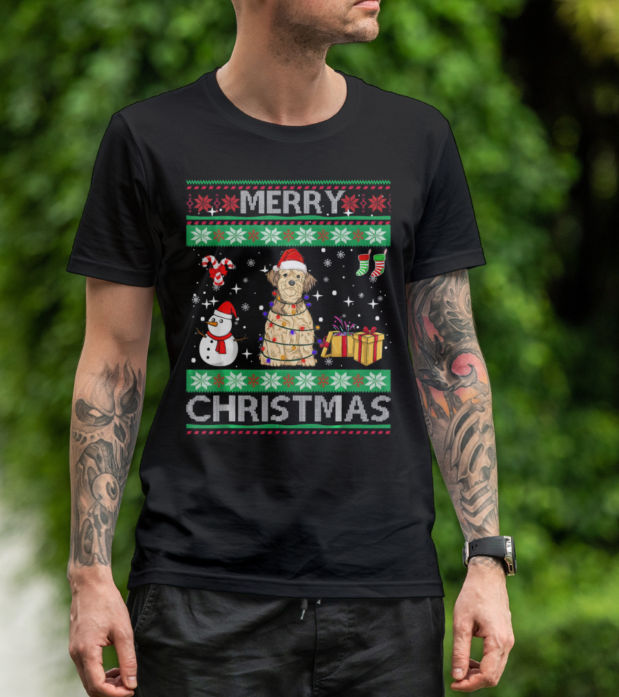 Merry Christmas Lhasa Apso Dog Owner Ugly Christmas Sweater With Santa Hat And Holiday Decorations T-Shirt