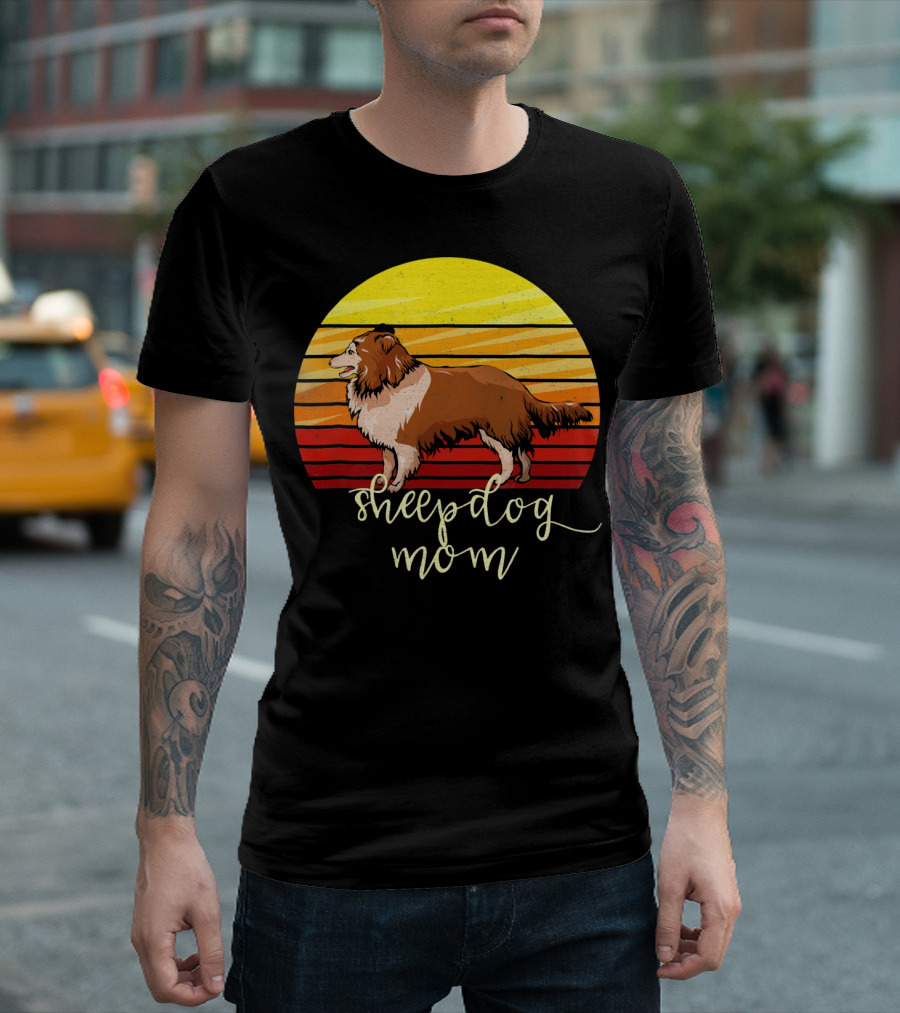 Sheepdog Mom Distressed Shetland Sheepdog Vintage Sunset T-Shirt