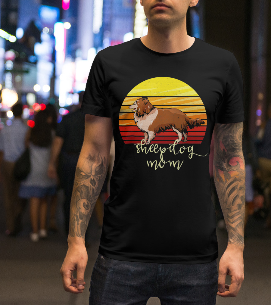 Sheepdog Mom Distressed Shetland Sheepdog Vintage Sunset T-Shirt