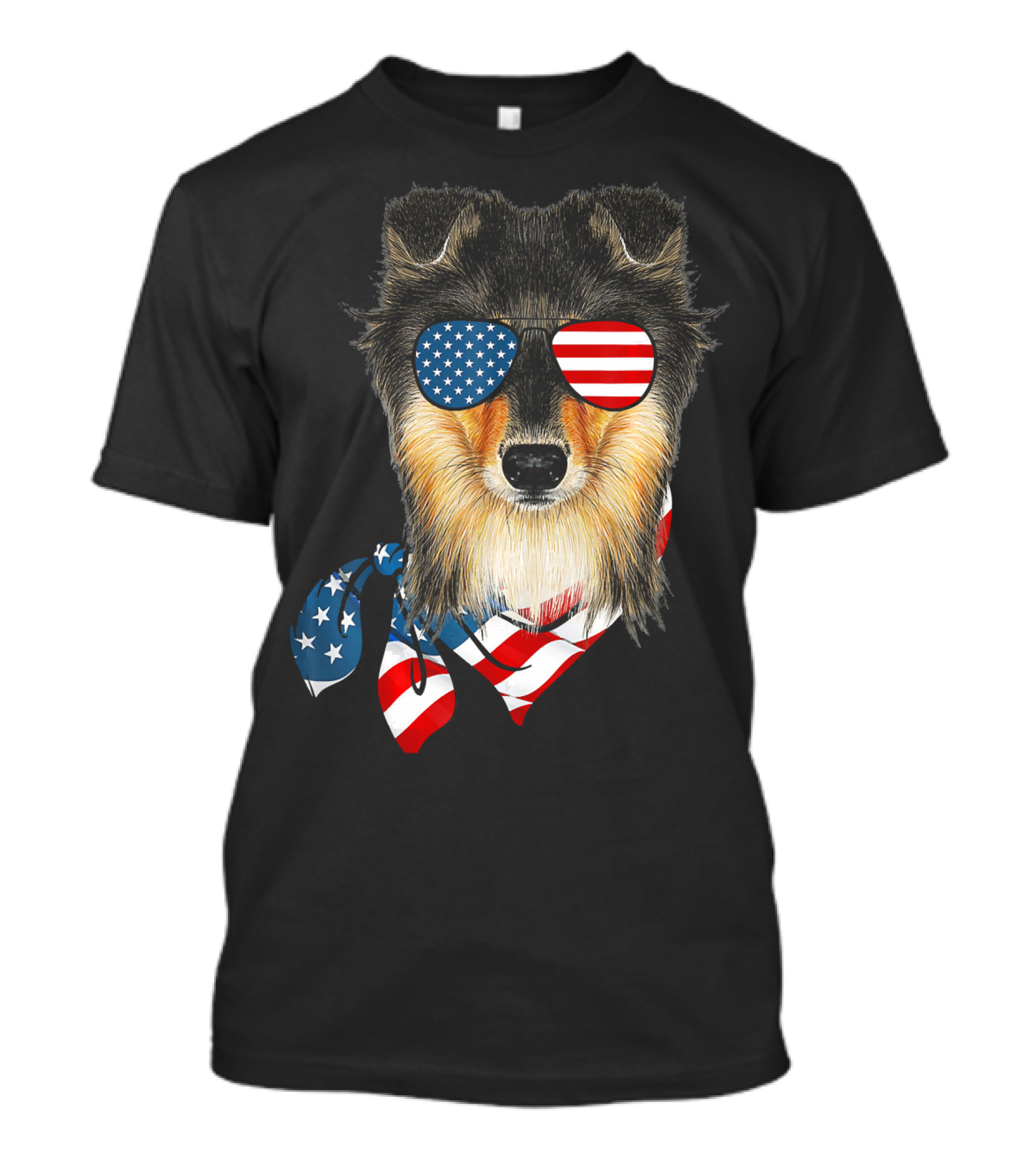 Sheltie Dog With American Flag Scarf And Sunglasses Patriotic T-Shirt