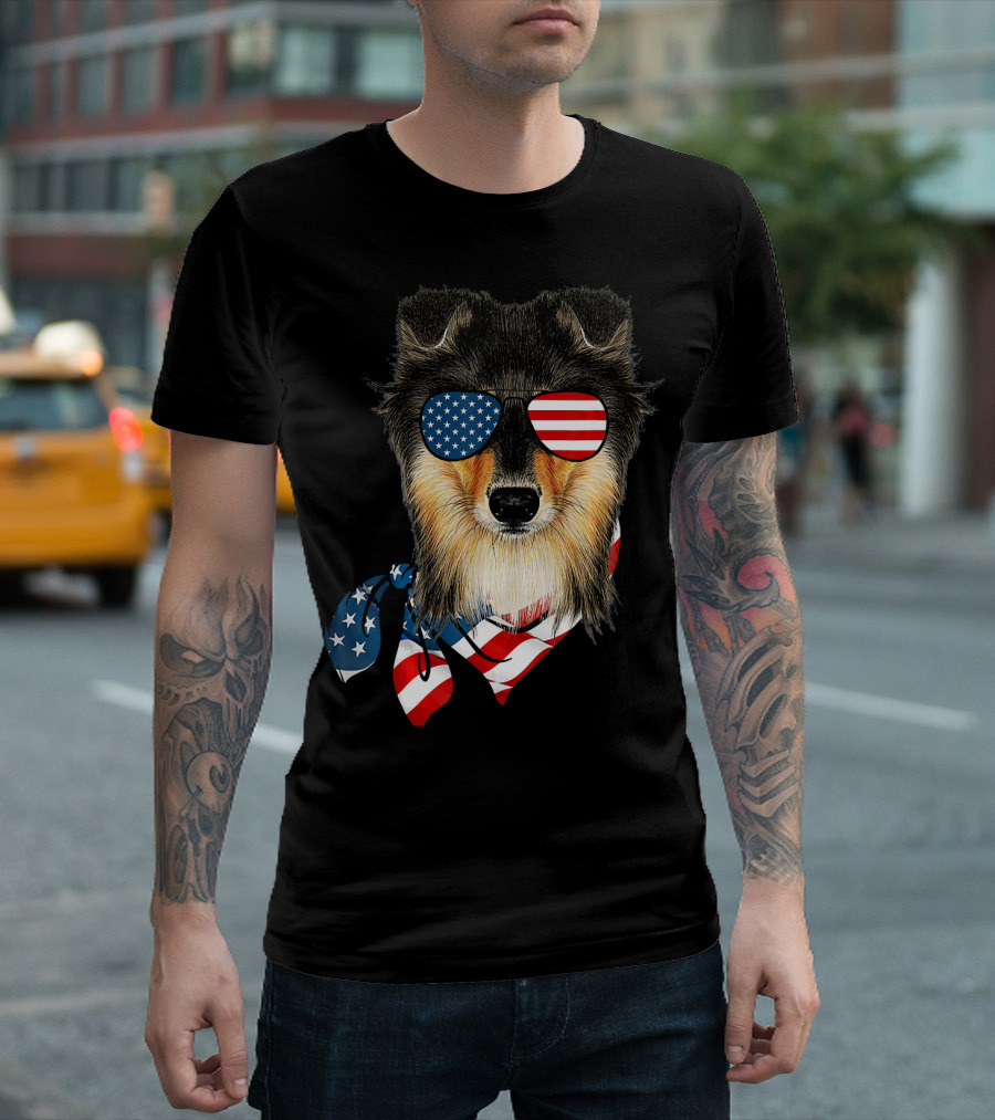 Sheltie Dog With American Flag Scarf And Sunglasses Patriotic T-Shirt
