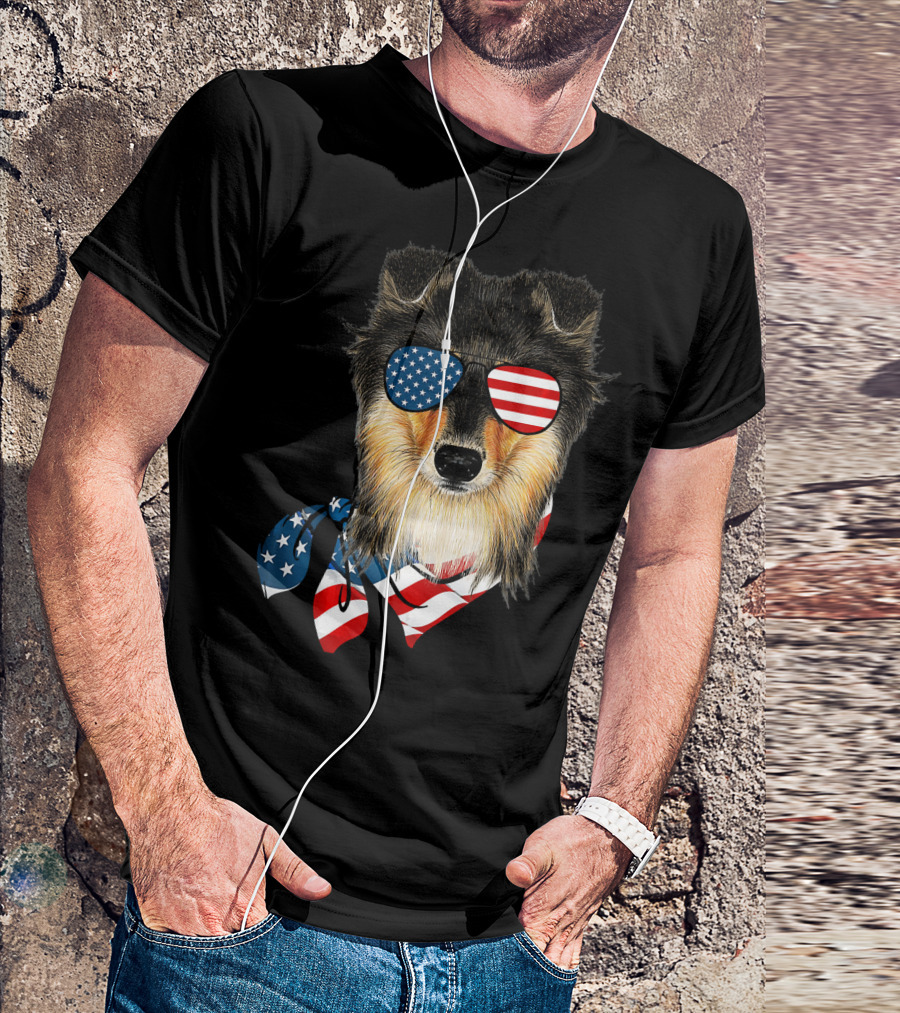 Sheltie Dog With American Flag Scarf And Sunglasses Patriotic T-Shirt