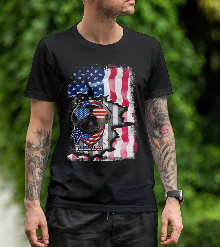 Lhasa Apso Dog American Flag Fun Lover T-Shirt