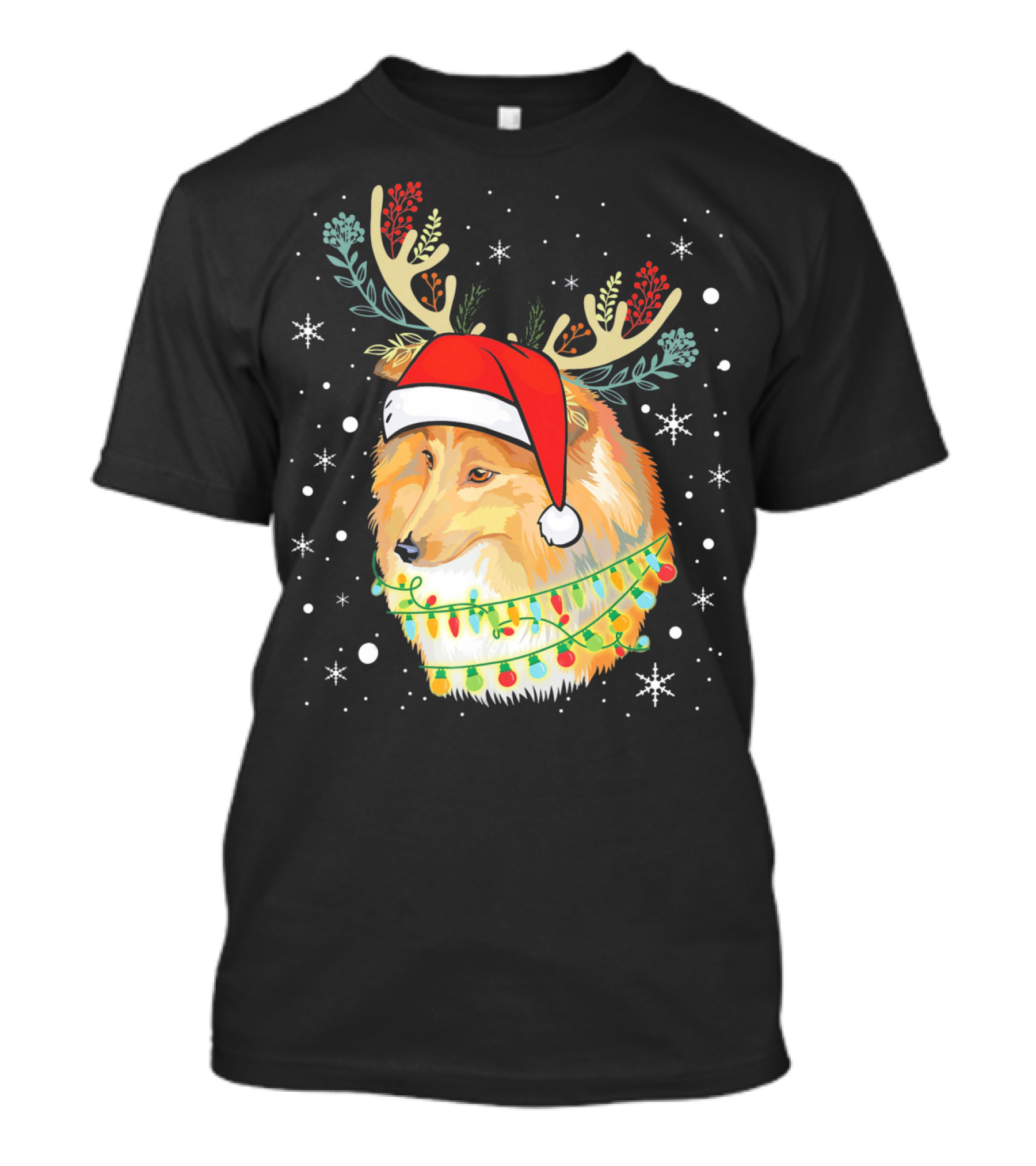 Shetland Sheepdog With Antlers, Christmas Lights, And Santa Hat T-Shirt