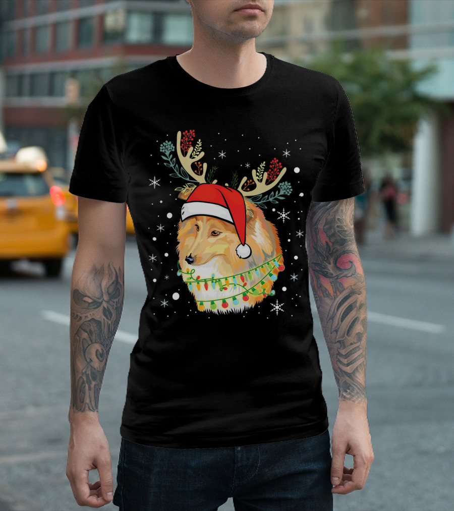 Shetland Sheepdog With Antlers, Christmas Lights, And Santa Hat T-Shirt