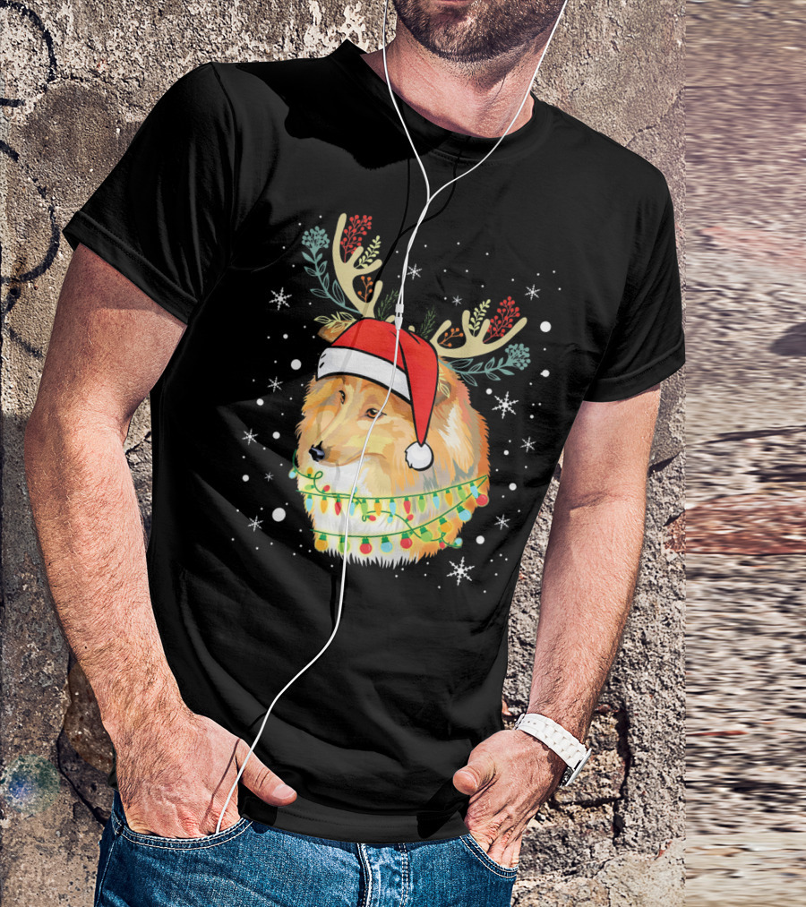 Shetland Sheepdog With Antlers, Christmas Lights, And Santa Hat T-Shirt