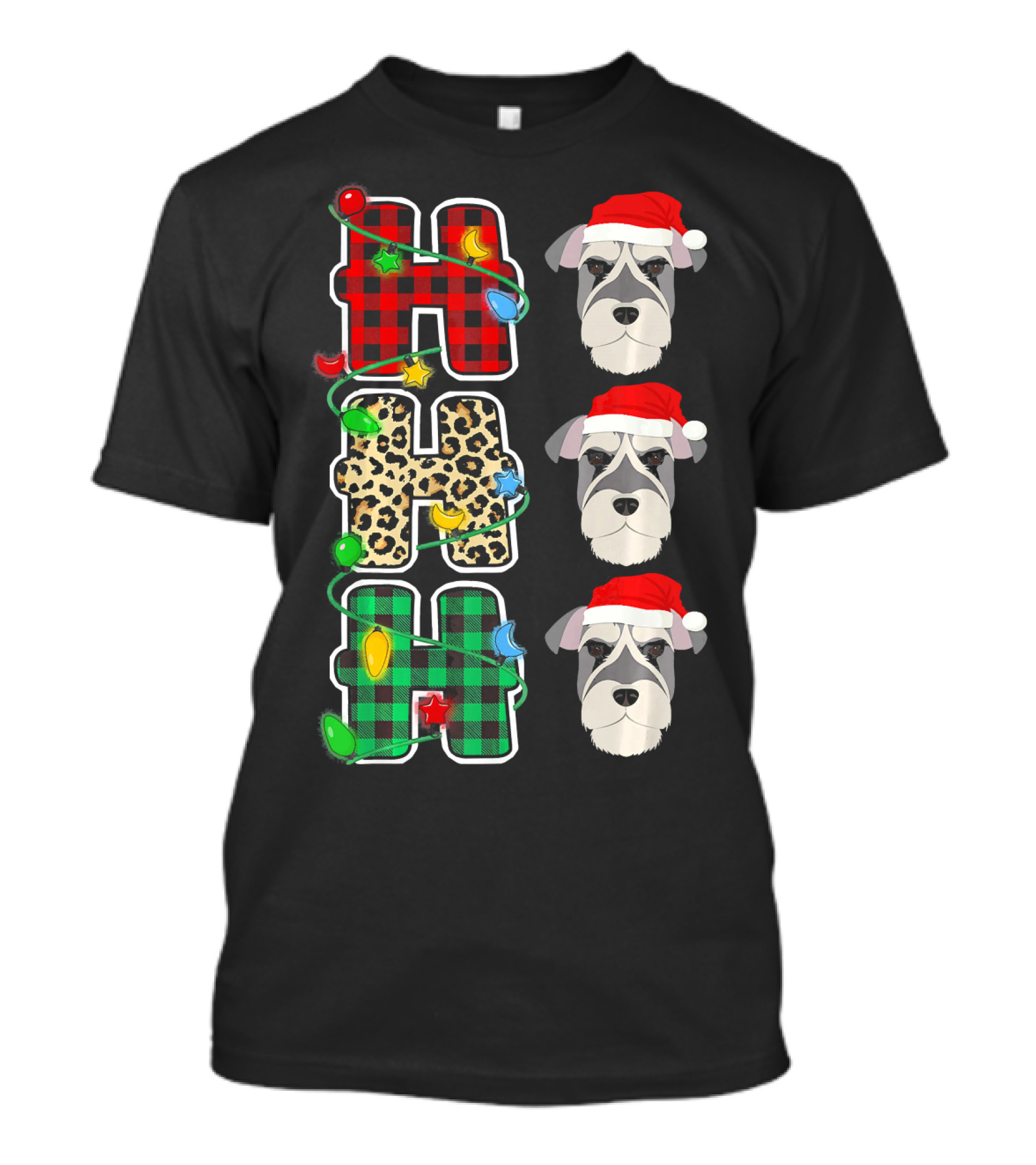 HO HO HO Santa Hat Schnauzer Leopard Christmas Lights T-Shirt