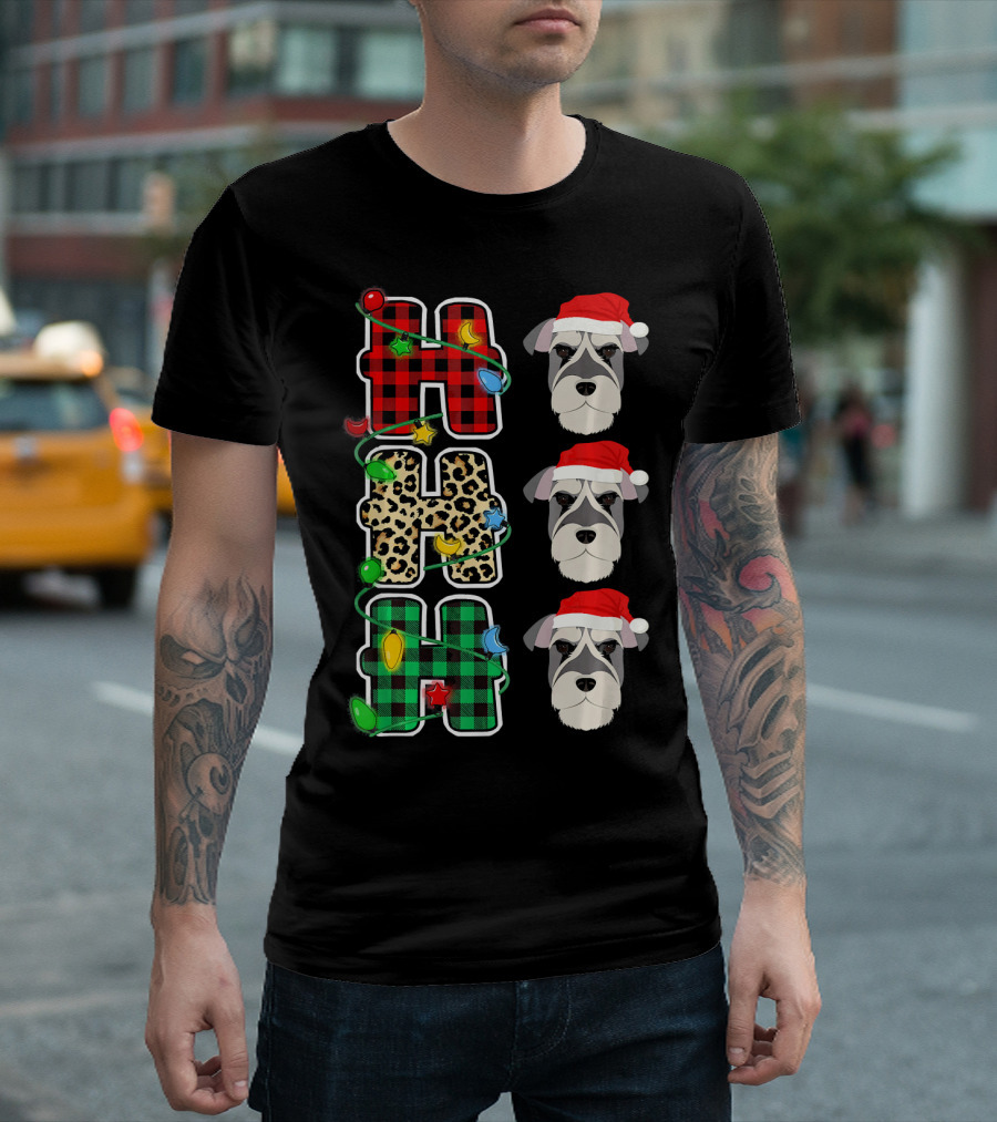 HO HO HO Santa Hat Schnauzer Leopard Christmas Lights T-Shirt