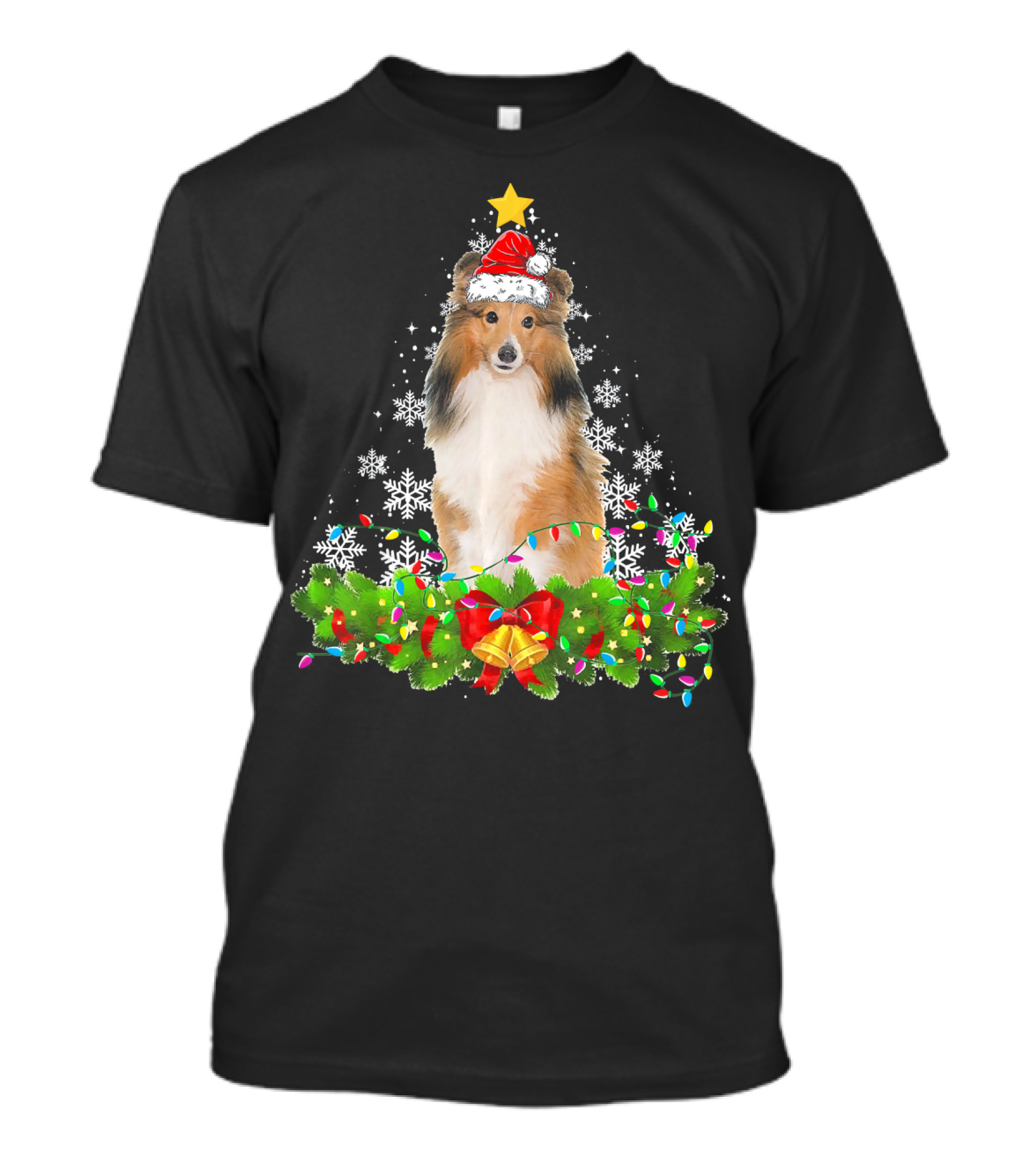 Christmas Lights Shetland Sheepdog Santa Hat Snowflakes Garland T-Shirt