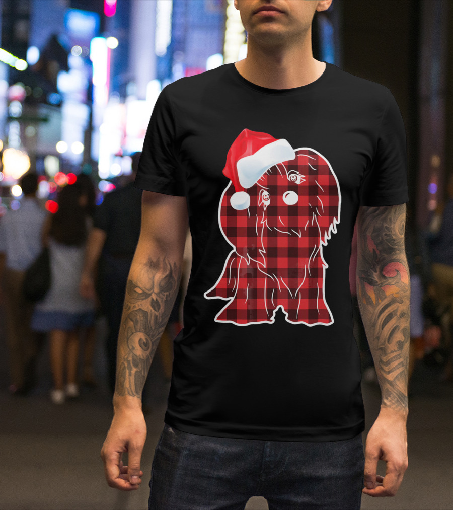 Lhasa Apso Plaid Santa Hat T-Shirt