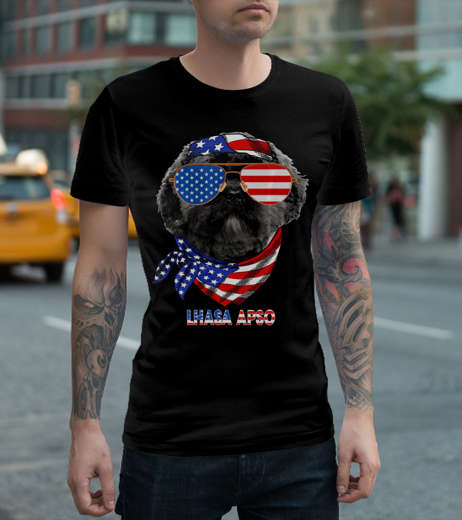 Lhasa Apso with American Flag Bandana and Sunglasses T-Shirt