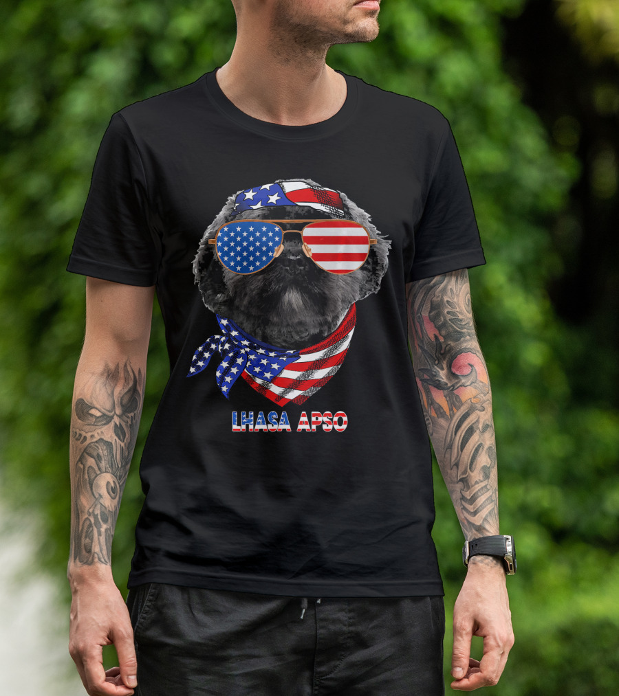 Lhasa Apso With American Flag Bandana And Sunglasses T-Shirt