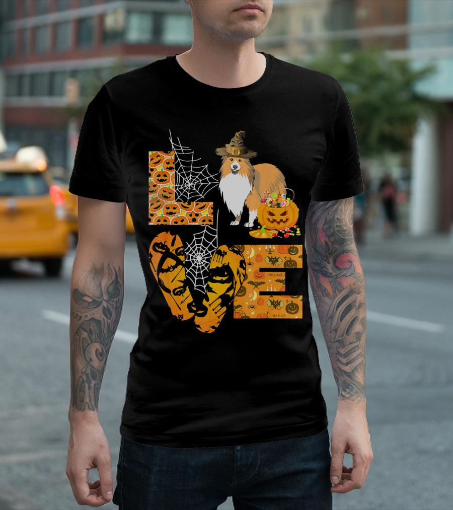 LOVE Sheltie Pumpkin Halloween Spiders and Jack-o'-Lanterns T-Shirt
