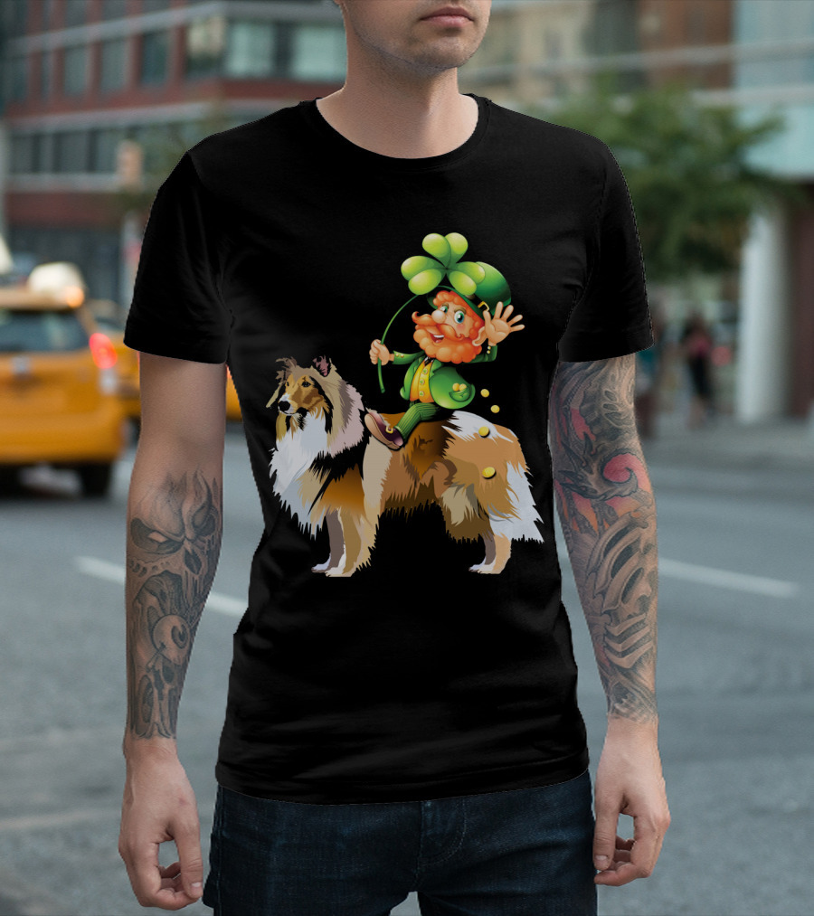 Leprechaun Waving From Atop Shetland Sheepdog With Shamrock and Gold Coins T-Shirt