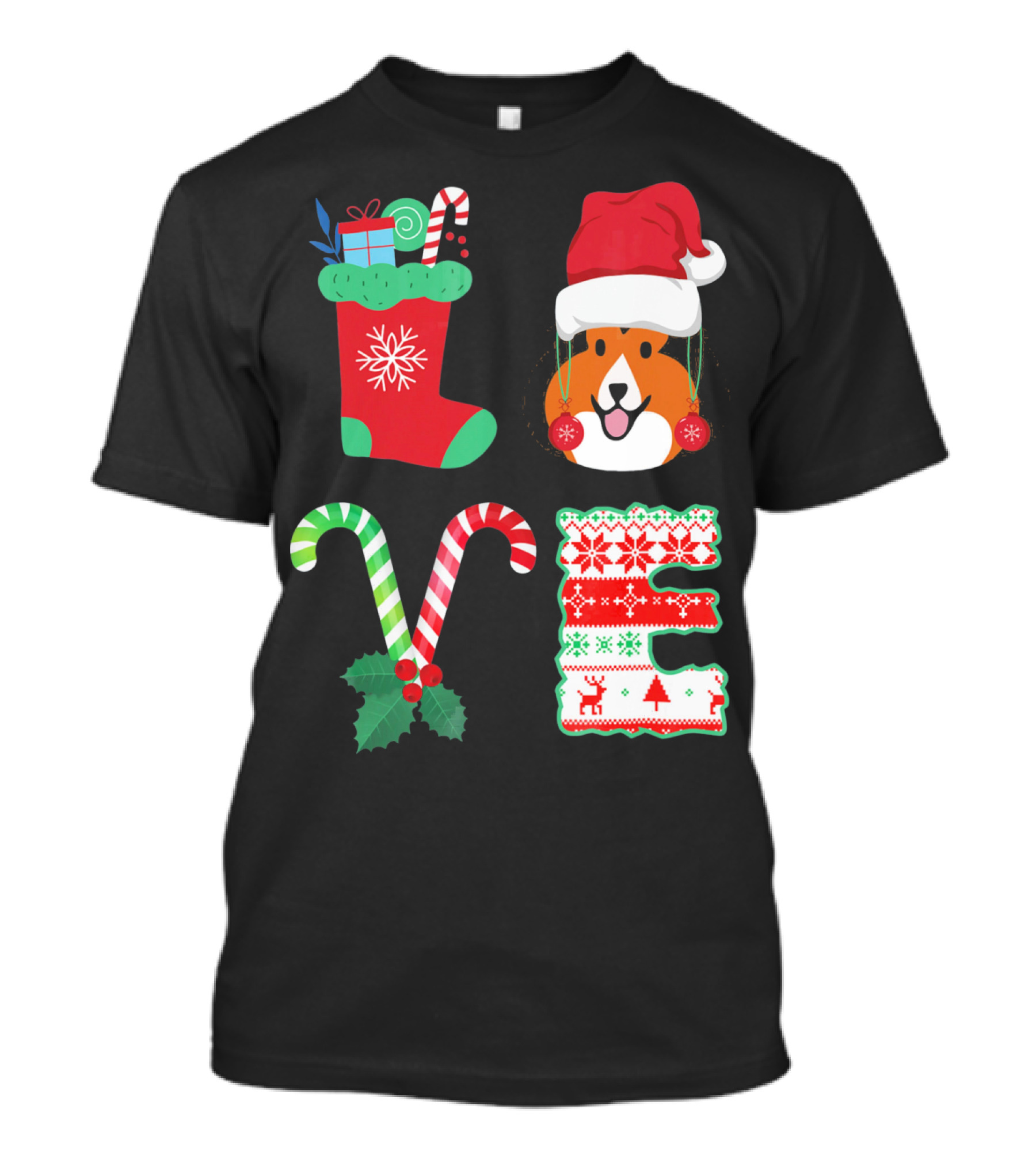 LOVE Christmas Shetland Sheepdog Santa Hat Candy Canes Stocking Letter T-Shirt