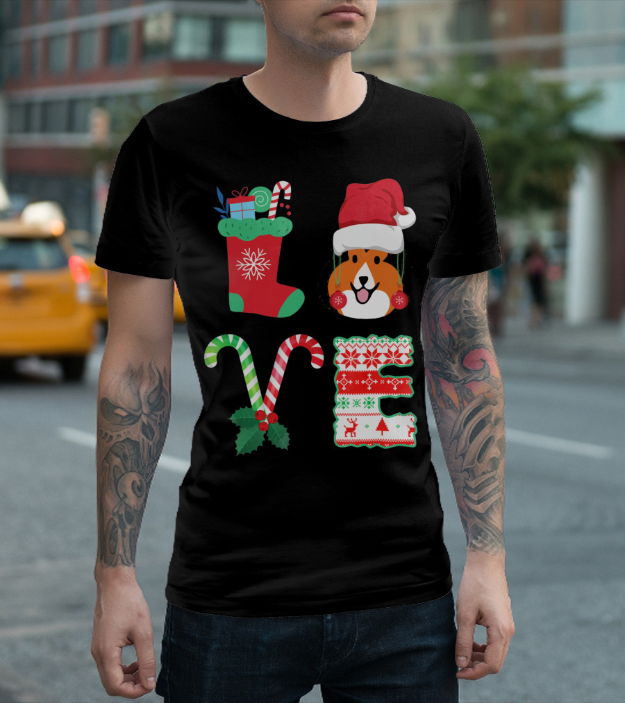 LOVE Christmas Shetland Sheepdog Santa Hat Candy Canes Stocking Letter T-Shirt