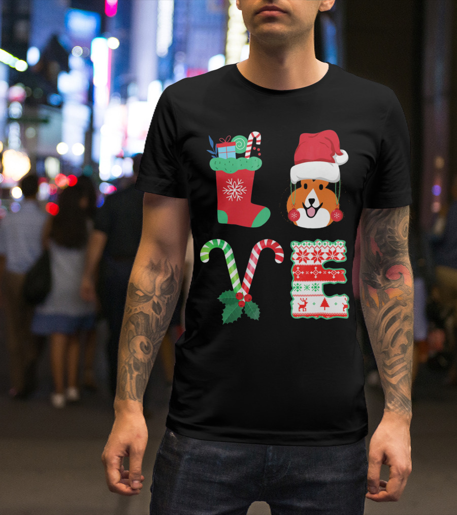 LOVE Christmas Shetland Sheepdog Santa Hat Candy Canes Stocking Letter T-Shirt