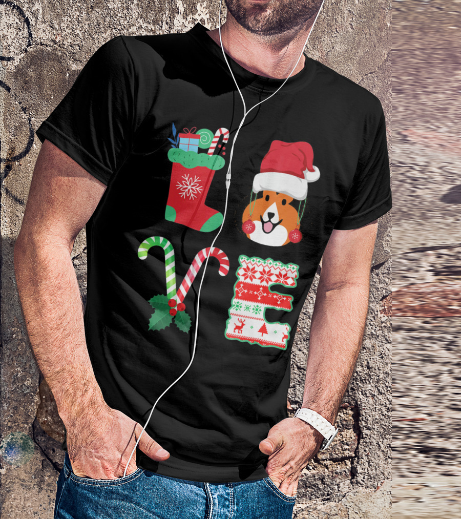 LOVE Christmas Shetland Sheepdog Santa Hat Candy Canes Stocking Letter T-Shirt