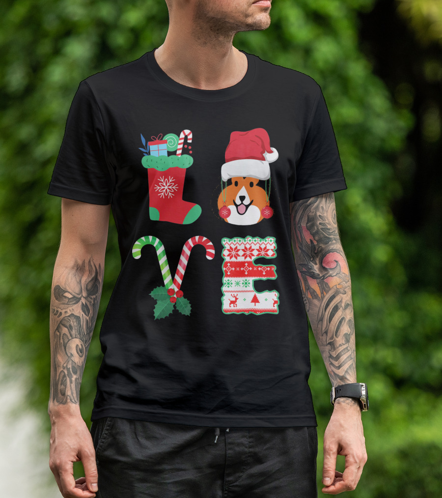LOVE Christmas Shetland Sheepdog Santa Hat Candy Canes Stocking Letter T-Shirt