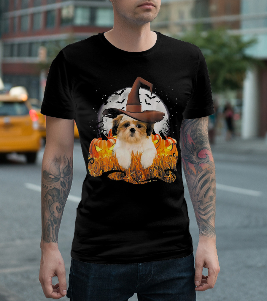 Lhasa Apso Halloween Cute Dog Witch with Pumpkins and Full Moon T-Shirt
