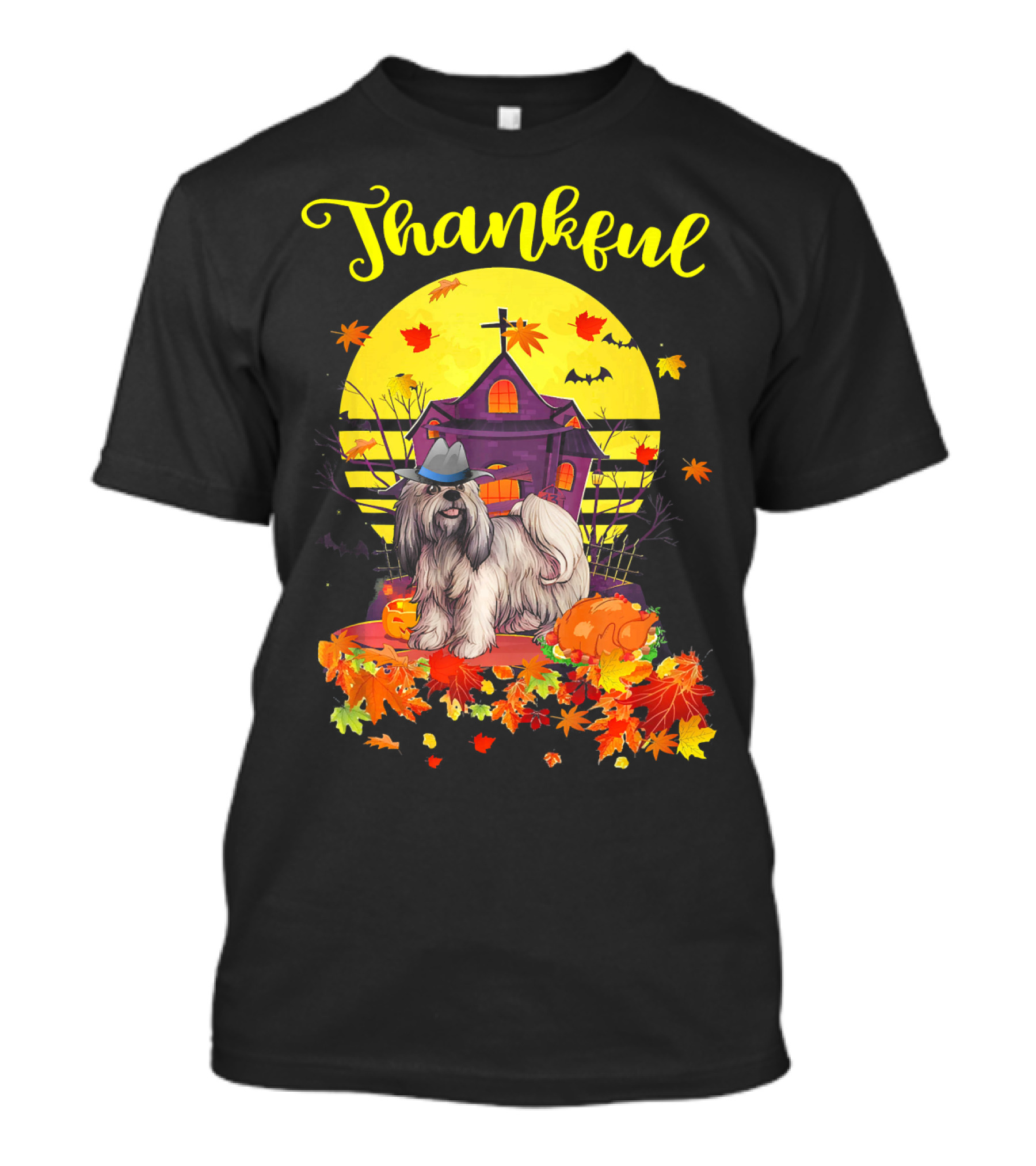 Thankful Lhasa Apso Dog In Pilgrim Hat With Thanksgiving Autumn Leaves And Haunted House T-Shirt