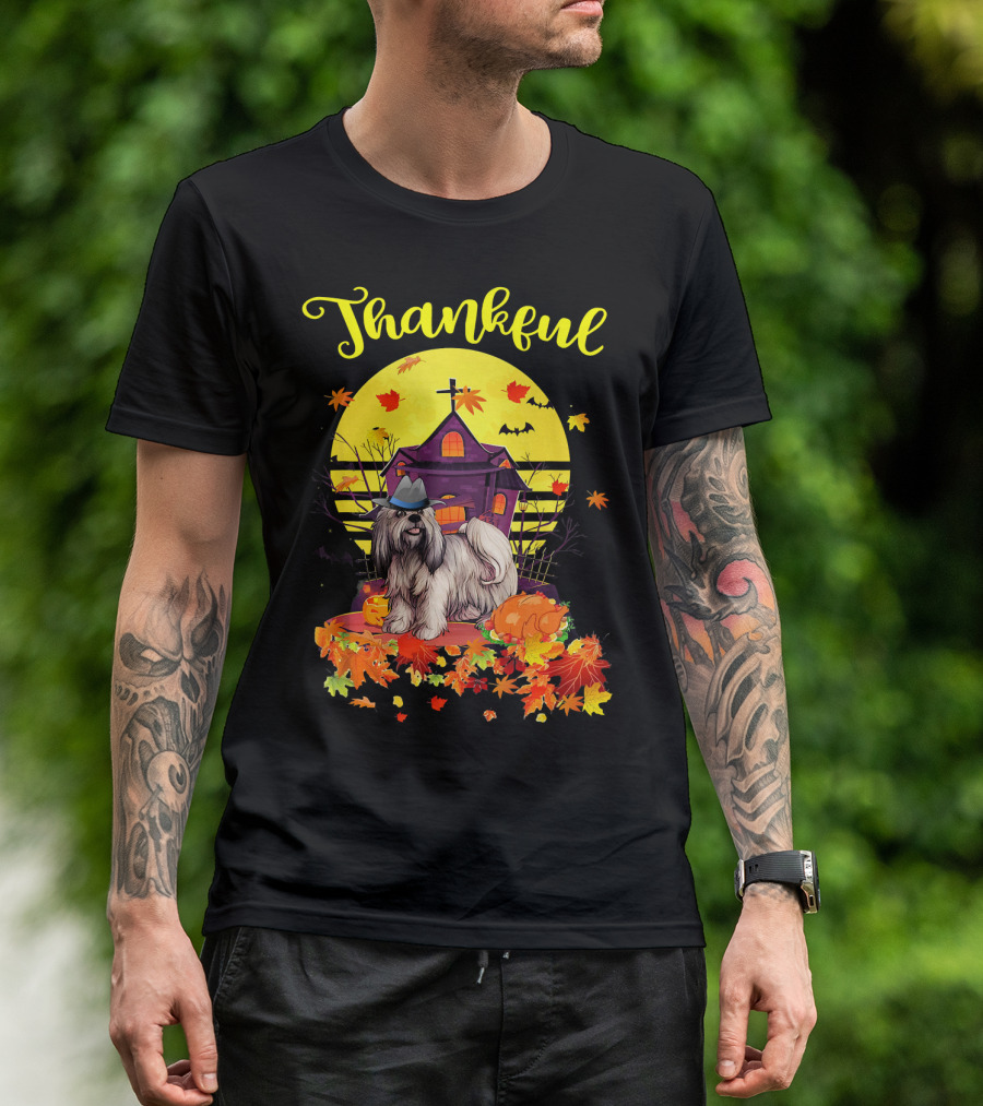 Thankful Lhasa Apso Dog In Pilgrim Hat With Thanksgiving Autumn Leaves And Haunted House T-Shirt