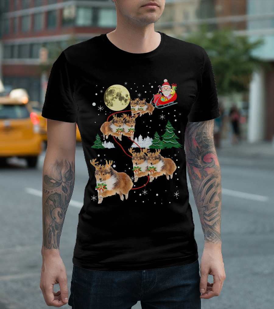 Funny Sheltie Christmas Xmas Pajama Santa Sleigh with Sheltie Reindeer and Moon T-Shirt