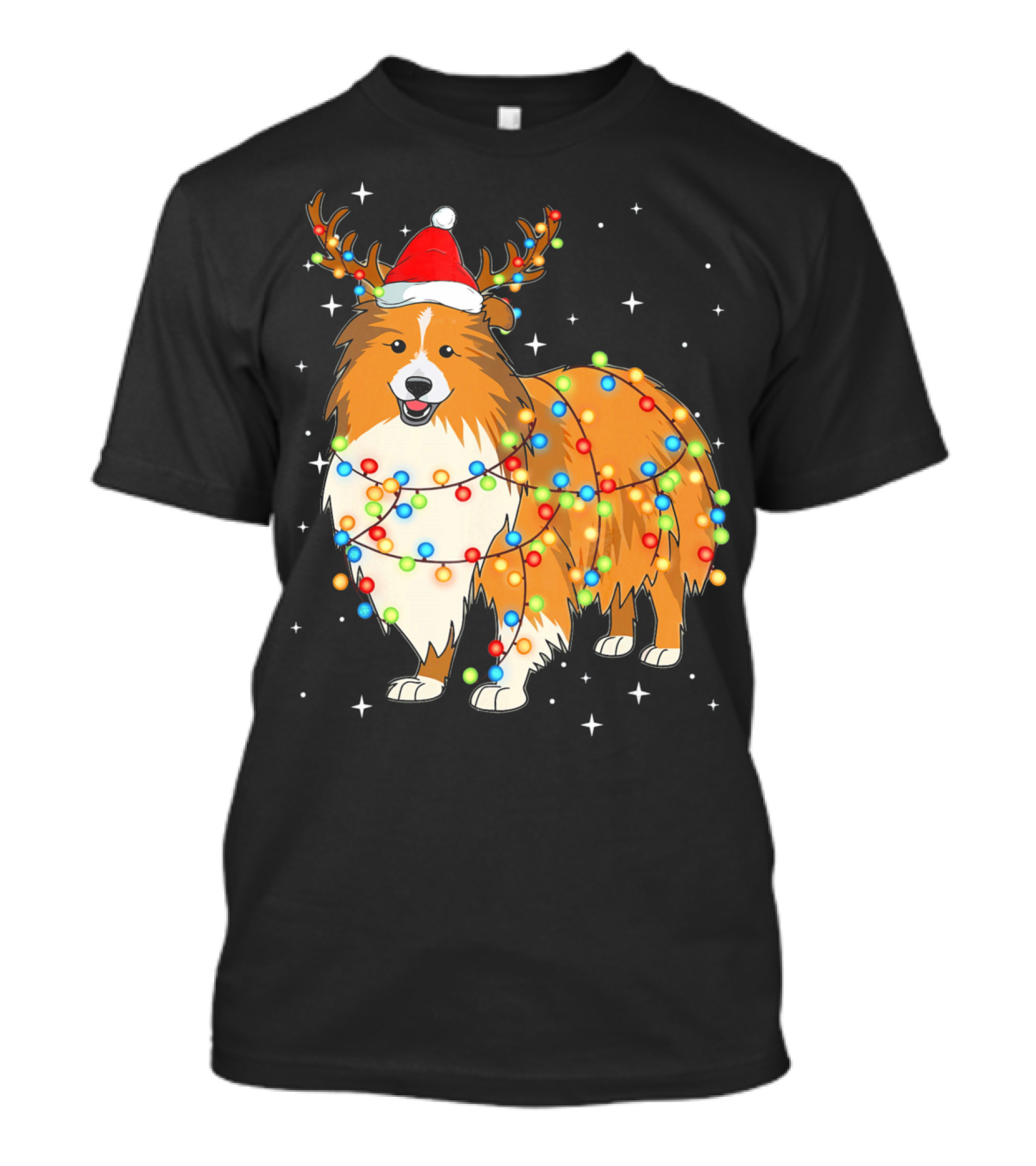 Christmas Lights Shetland Sheepdog Santa Hat Antlers T-Shirt