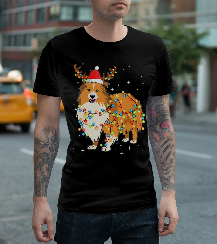 Christmas Lights Shetland Sheepdog Santa Hat Antlers T-Shirt