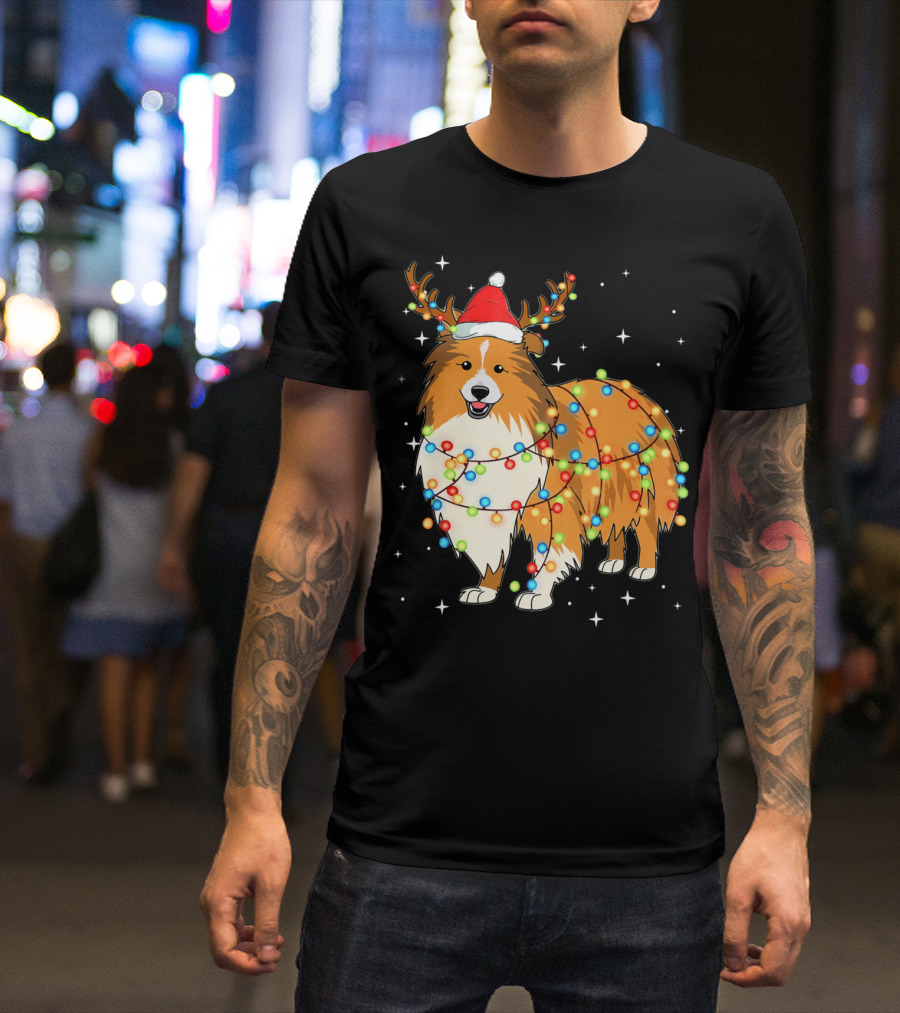 Christmas Lights Shetland Sheepdog Santa Hat Antlers T-Shirt