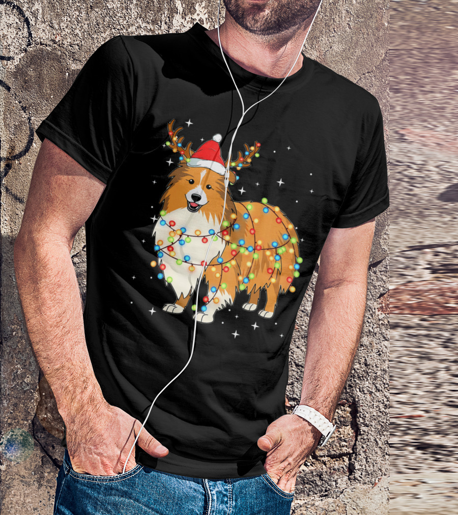 Christmas Lights Shetland Sheepdog Santa Hat Antlers T-Shirt