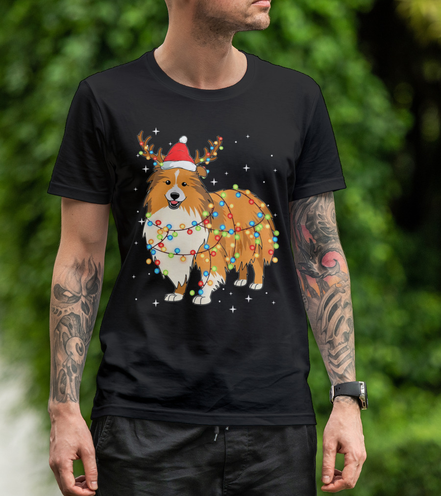 Christmas Lights Shetland Sheepdog Santa Hat Antlers T-Shirt
