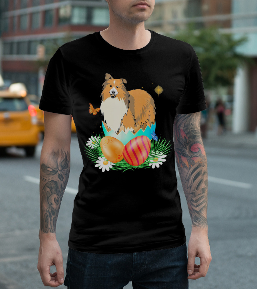 Easter Day Shetland Sheepdog Hatching from Egg with Colorful Easter Eggs and Butterflies T-Shirt