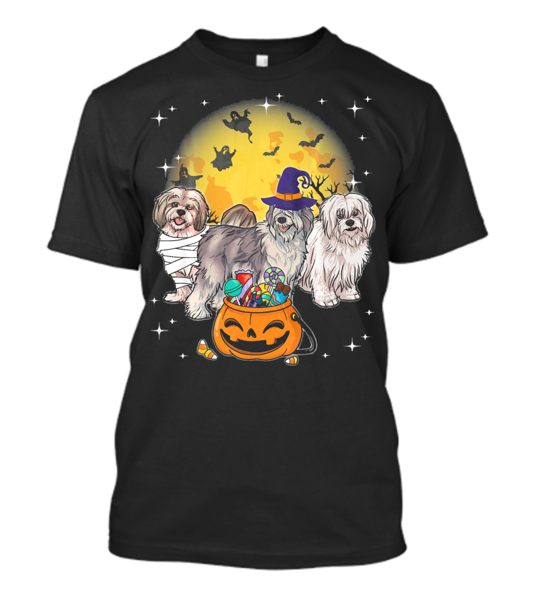 Lhasa Apso Mummy Witch Moon Ghosts Pumpkin Halloween Dogs T-Shirt