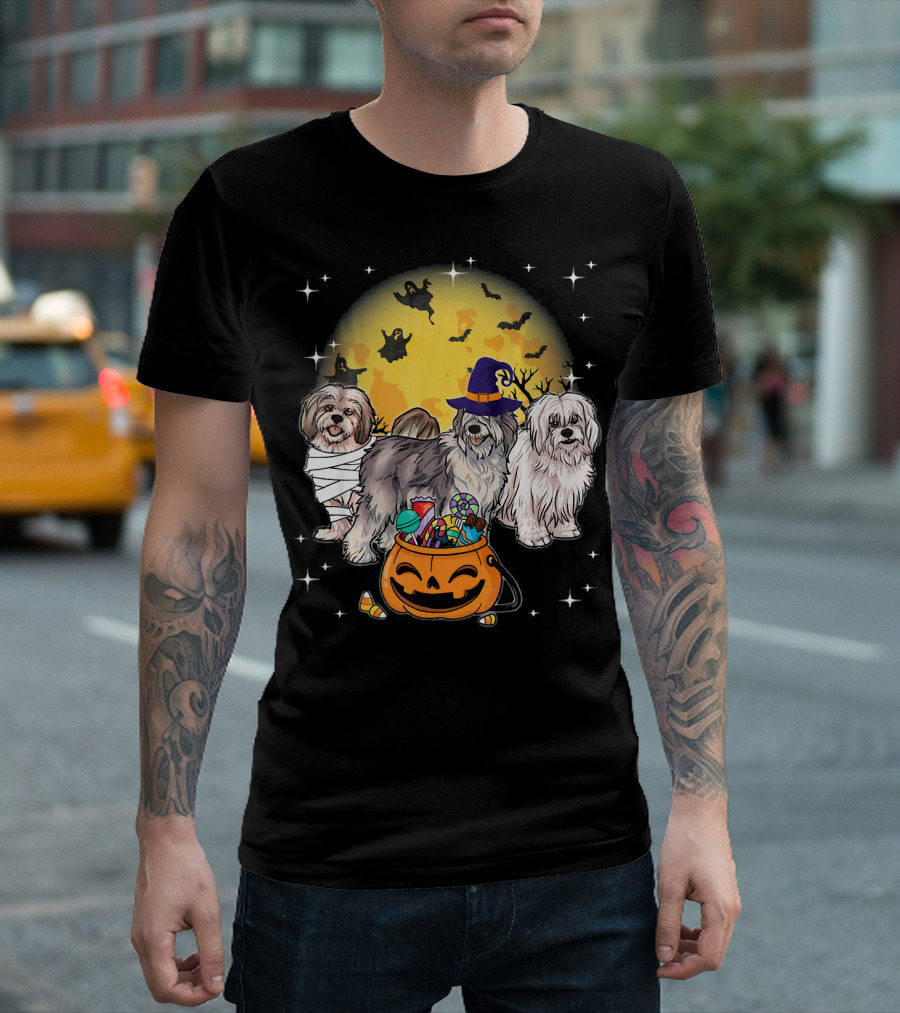 Lhasa Apso Mummy Witch Moon Ghosts Pumpkin Halloween Dogs T-Shirt