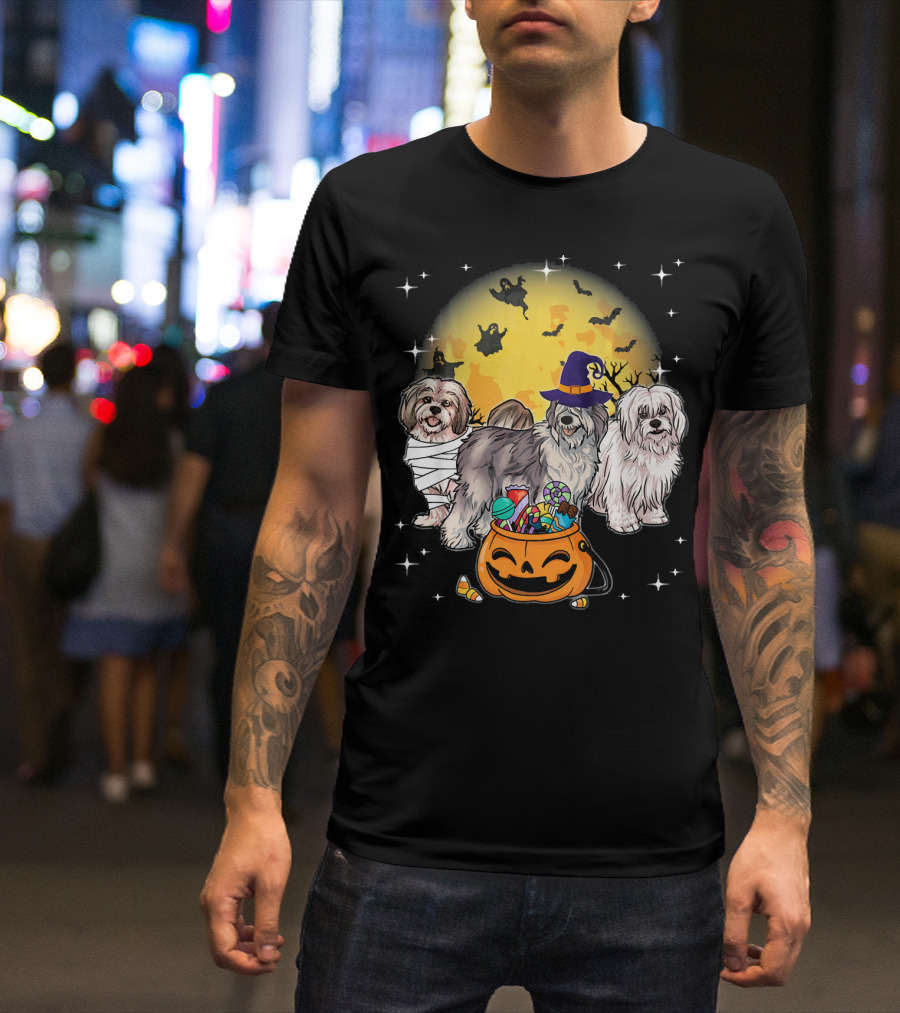 Lhasa Apso Mummy Witch Moon Ghosts Pumpkin Halloween Dogs T-Shirt