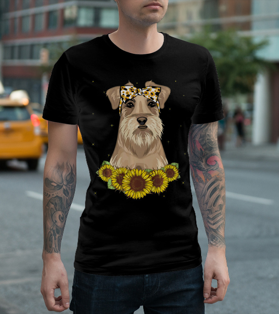 Girls Schnauzer Dog with Sunflower Headband and Sunflower Garland T-Shirt