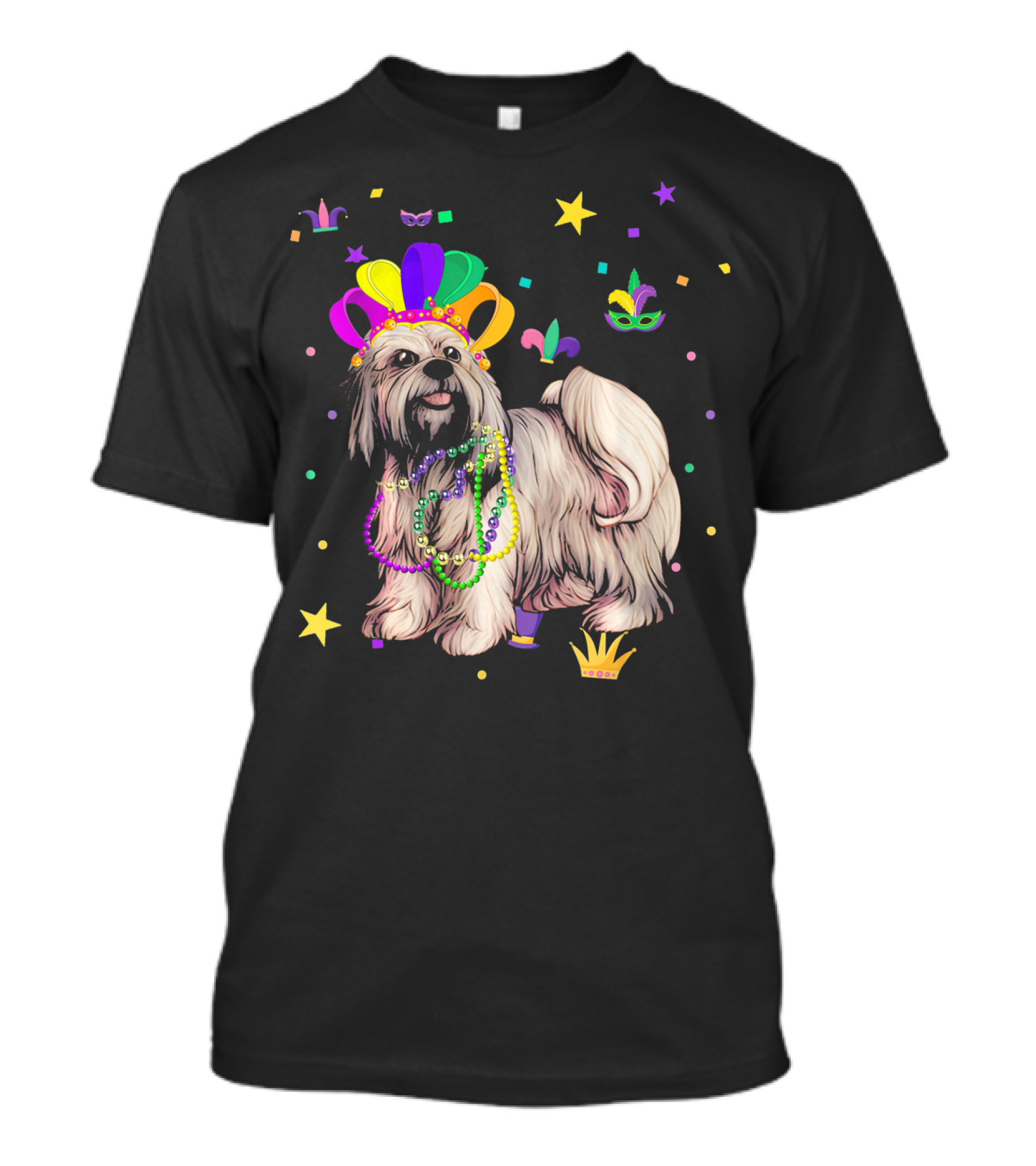 Lhasa Apso Dog Wearing Beads And Crown At Mardi Gras Celebration With Stars And Masks T-Shirt