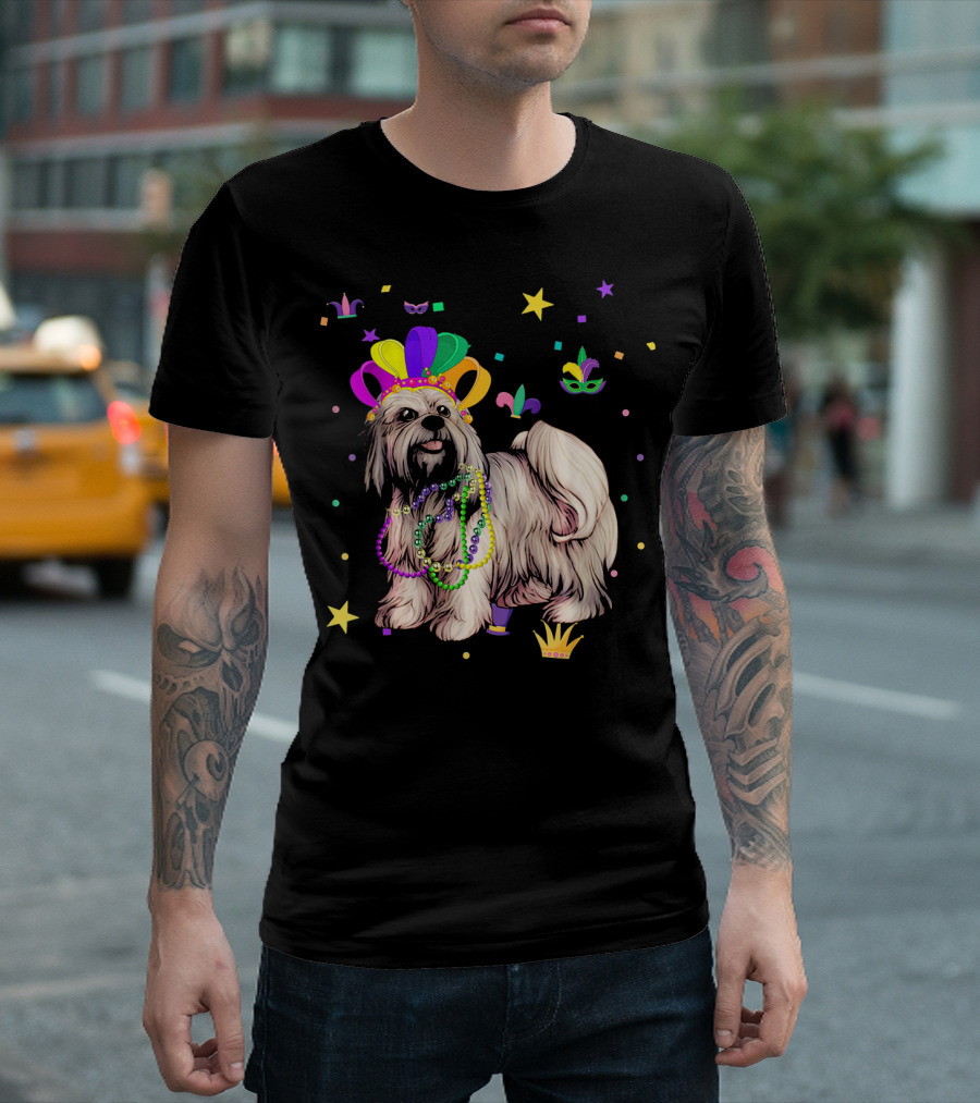 Lhasa Apso Dog Wearing Beads And Crown At Mardi Gras Celebration With Stars And Masks T-Shirt