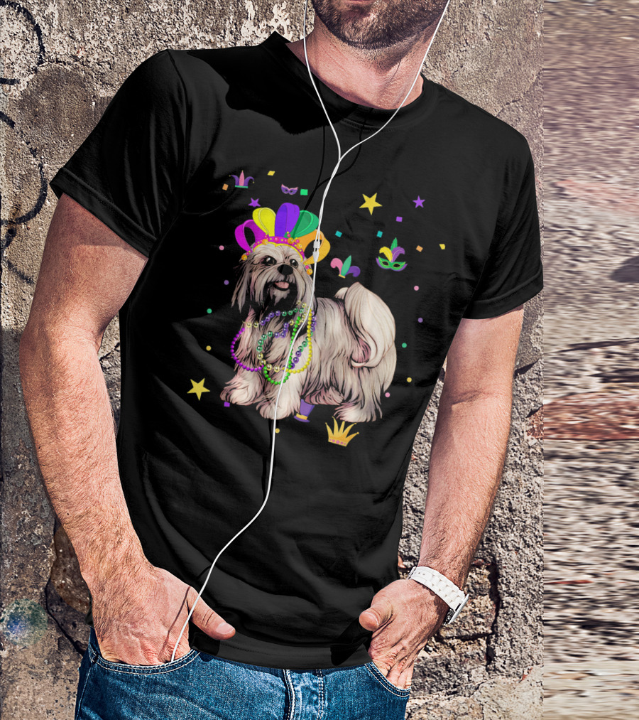 Lhasa Apso Dog Wearing Beads And Crown At Mardi Gras Celebration With Stars And Masks T-Shirt