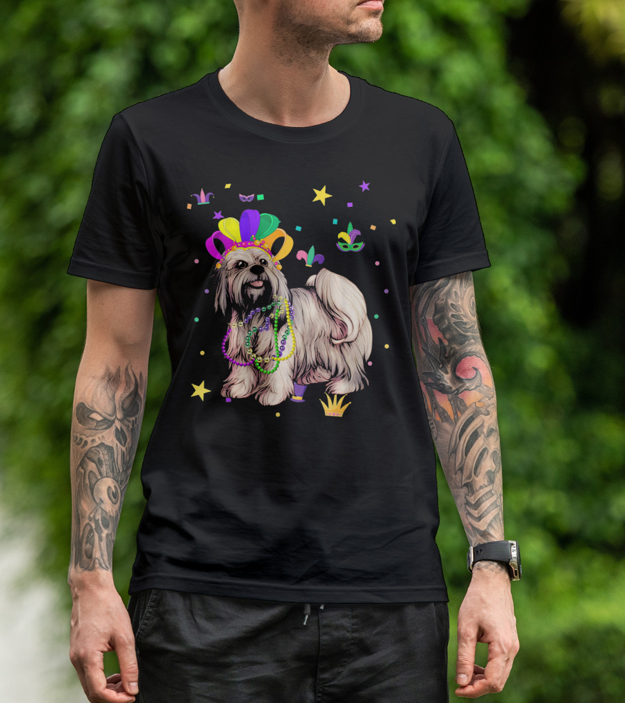 Lhasa Apso Dog Wearing Beads And Crown At Mardi Gras Celebration With Stars And Masks T-Shirt